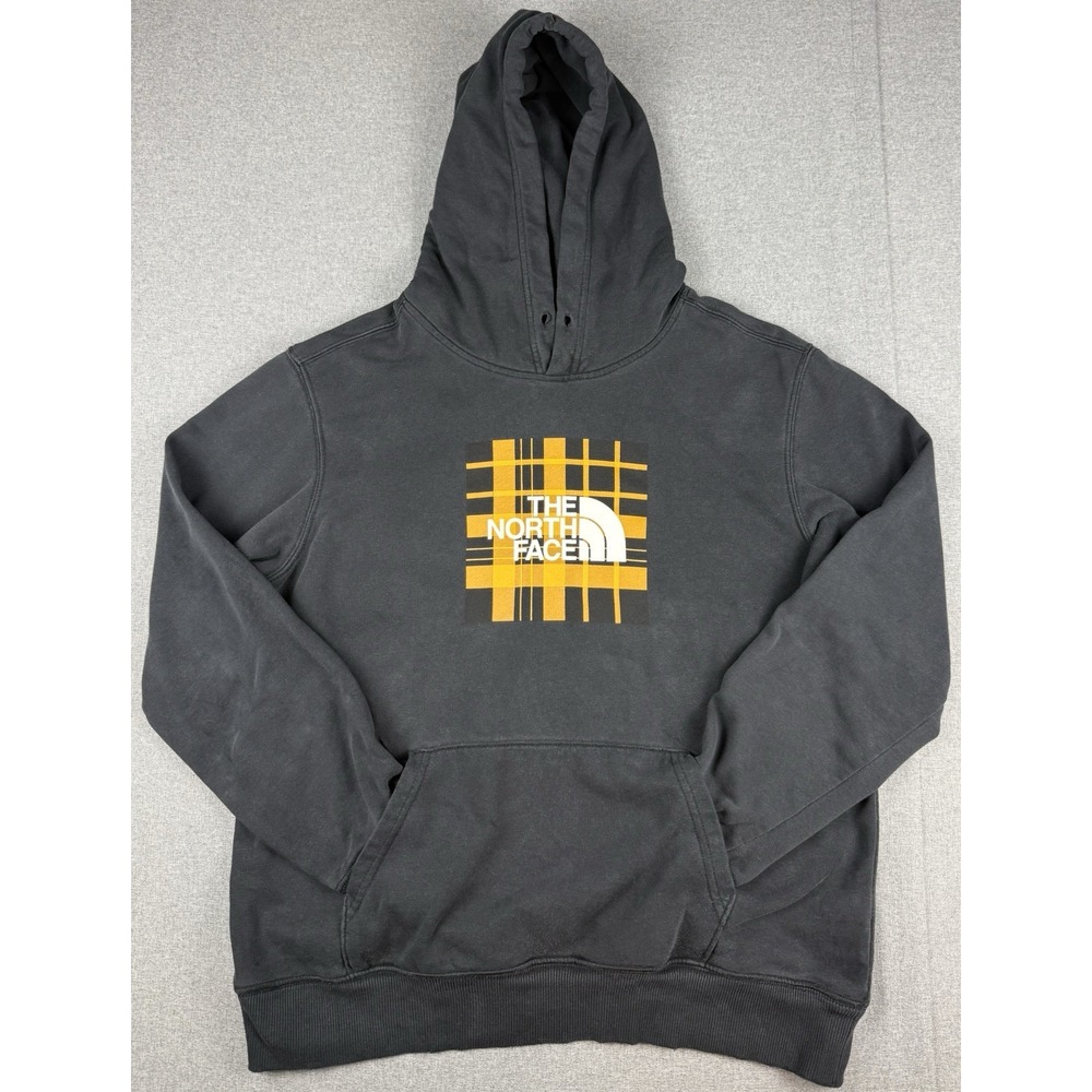 The North Face Mens Large Hoodie Black Plaid Logo Pullover Sweatshirt TNF